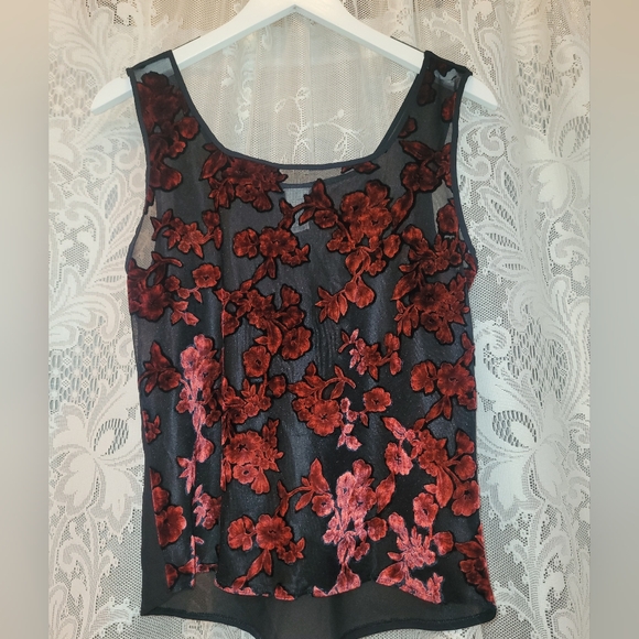 Made in Mexico Womens Sz M Sheer Black Tank w/Red Velvet Floral Design - Picture 1 of 3